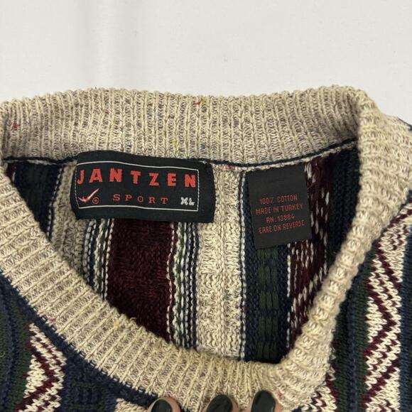 Vintage Jantzen Mens XL Knit Sweater Red Green Blue Stripes Grandpa 90s Pattern - Picture 3 of 9